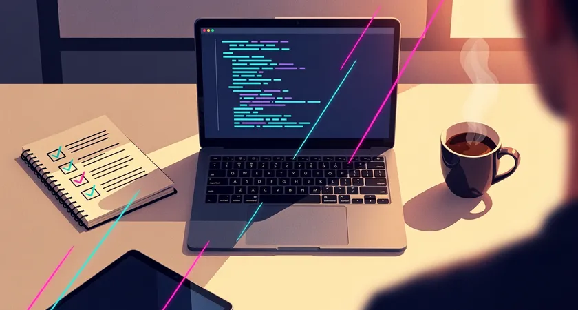 Photographie en plongée sur un bureau avec un ordinateur portable ouvert sur un code, un carnet de notes avec une checklist "Definition of Done" manuscrite, une tasse de café, lumière d'après-midi, ambiance de travail concentré et méticuleux