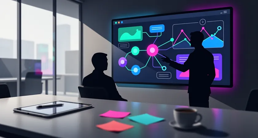 Deux personnes discutant autour d'un schéma de flux projet dessiné sur un paperboard, l'une pointant un élément du diagramme, ambiance de réunion collaborative en salle de réunion lumineuse, l'une des silhouettes pourrait représenter un facilitateur externe