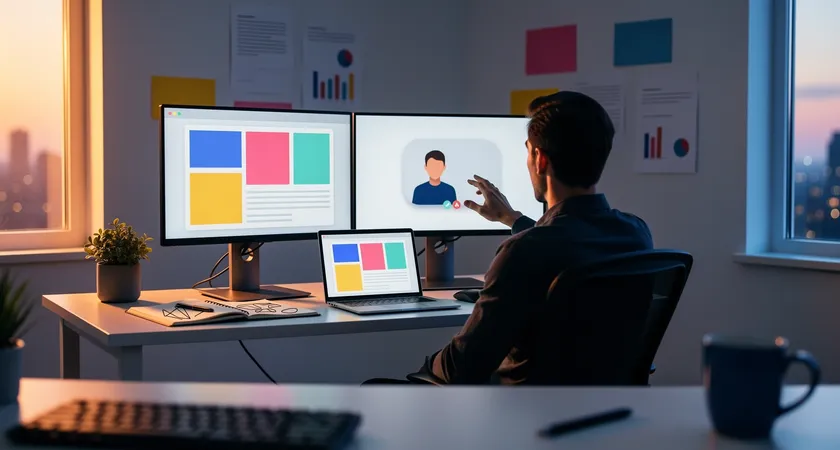 Plan large d'un développeur freelance souriant, assis à son bureau face à un écran avec un site web déployé, faisant un signe de validation à distance à un client visible sur un second écran en visioconférence, ambiance de réussite et de livraison apaisée