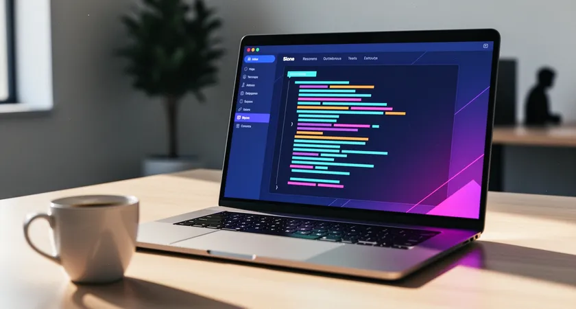 Gros plan sur un ecran d'ordinateur portable dans un bureau moderne, affichant une page de code avec un bloc JSON-LD colore, une tasse de cafe a cote sur un bureau en bois clair, eclairage doux et naturel, ambiance calme et concentree