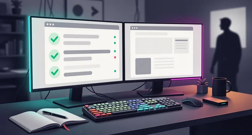 Vue d'ensemble d'un bureau de developpeur avec deux ecrans, l'un affichant l'outil de test des resultats enrichis de Google avec des marques vertes de validation, l'autre montrant un navigateur ouvert sur une page web, clavier mecanique et carnet de notes a cote