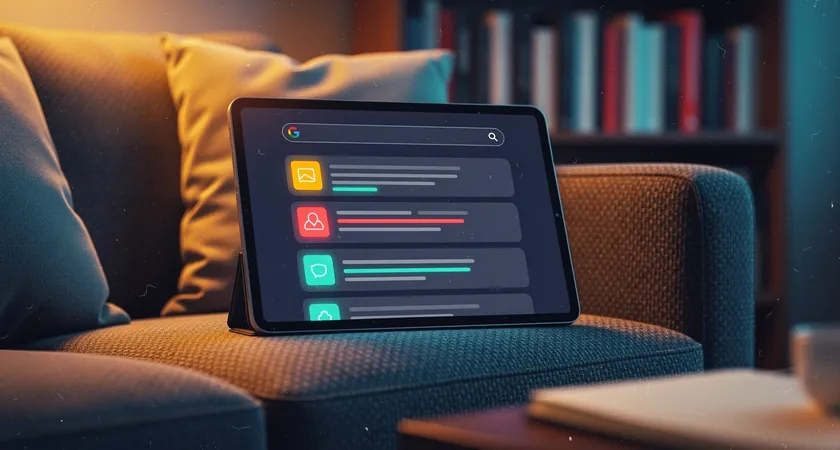 Capture ecran stylisee d'une page de resultats Google sur un ecran de tablette, montrant plusieurs resultats enrichis (avis etoiles, prix, bloc FAQ), posee sur un canape avec un fond de bibliotheque, ambiance chaleureuse et professionnelle