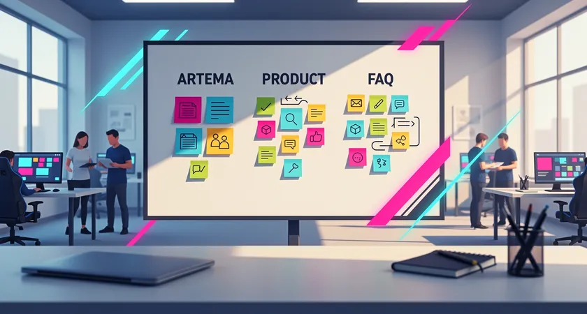 Plan moyen d'une reunion d'equipe autour d'un tableau blanc, avec des post-it representant differents types de Schema (Article, Produit, FAQ), deux personnes en discussion, ambiance collaborative et dynamique dans un open-space lumineux