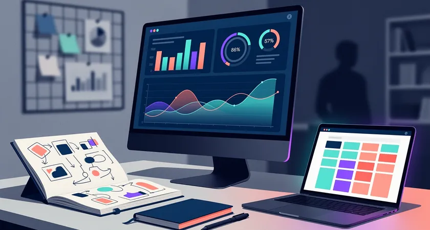 Plan large d'un ecran d'ordinateur de bureau montrant un tableau de bord d'audit SEO avec des graphiques et des indicateurs, associe a un carnet de croquis ouvert esquissant une strategie de priorisation, feuille de calcul secondaire, ambiance de travail analytique et strategique