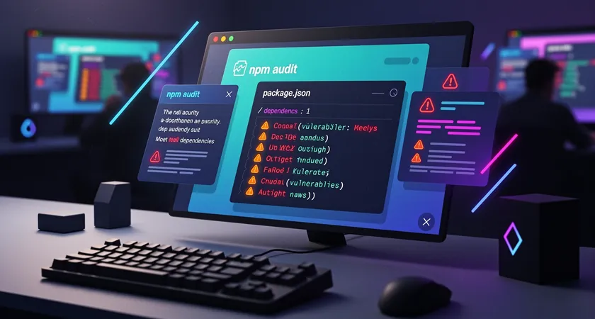 Vue d'écran affichant un terminal avec un rapport "npm audit" listant des vulnérabilités critiques et obsolètes dans un fichier package.json. Arrière-plan flou d'un bureau avec clavier mécanique, ambiance de review technique post-audit