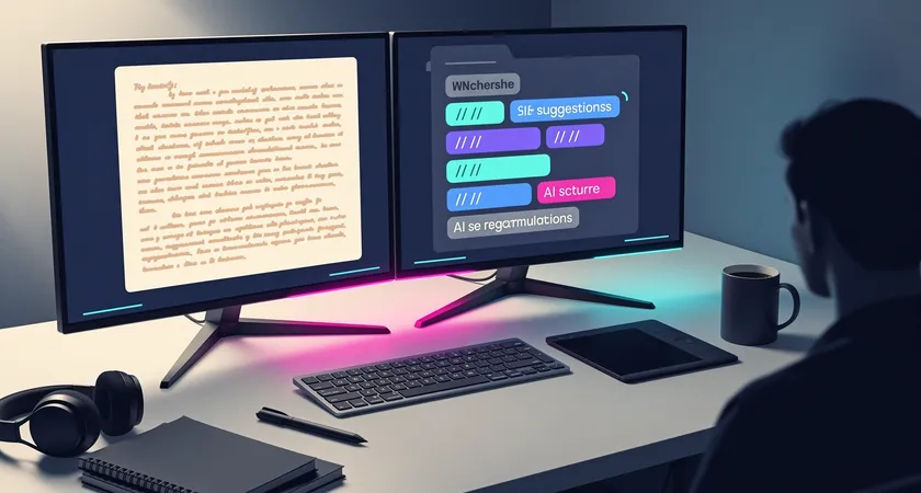 Vue de dessus d'un bureau de designer avec deux écrans. Sur l'écran de gauche, un logiciel de traitement de texte avec un paragraphe rédigé par un humain. Sur l'écran de droite, une interface d'IA proposant plusieurs suggestions de reformulation du même paragraphe. Ambiance de travail créatif