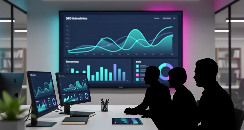 Plan large d'une réunion en visioconférence projetée sur un mur d'écran. Trois personnes en silhouette discutent d'un tableau de bord analytique affichant des graphiques de performance SEO. Lumière artificielle neutre de bureau, ambiance de revue de projet