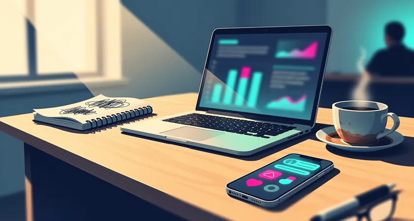 Plan de travail d'un rédacteur web freelance. Ordinateur ouvert, cahier de notes avec annotations manuscrites, tasse de café à moitié vide, smartphone avec notifications d'outils SEO. Lumière du matin filtrant par la fenêtre
