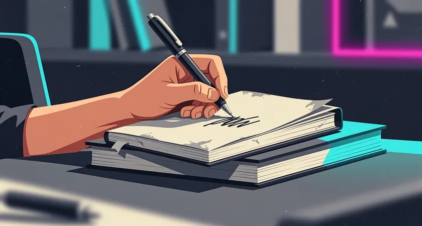 Vue en contre-plongée d'une main humaine écrivant avec un stylo sur un carnet à la couverture usée, posé sur une pile de livres techniques. La lumière met en valeur la texture du papier et l'encre fraîche, symbolisant le travail artisanal