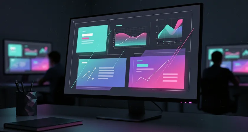 Capture d'écran agrandie d'une maquette Figma sur un écran large, avec des calques de mesures et d'annotations superposés montrant les espacements et les codes couleur, le tout dans une interface sombre, lumière ambiante de bureau