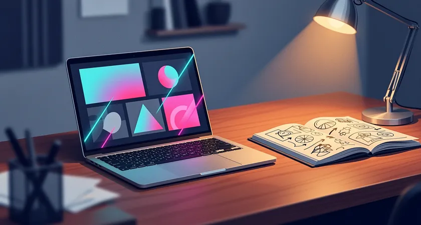 Gros plan sur une planche de style présentée sur un écran d'ordinateur portable, contrastant avec des croquis manuscrits sur un calepin en papier, le tout éclairé par une lampe de bureau à la lumière chaude, sur un bureau en bois massif