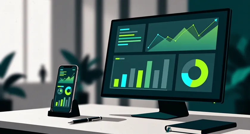 Interface utilisateur d'une application de gestion projet affichée sur deux écrans côte à côte, un grand moniteur et un smartphone, dans un espace de travail épuré aux tons gris et vert forêt, lumière naturelle diffuse