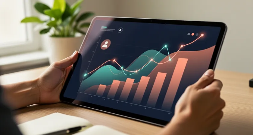 Plan serré sur les mains d'un utilisateur interagissant avec une tablette affichant une interface de banque en ligne claire et épurée, dans un cadre domestique avec une plante verte en arrière-plan flou, ambiance calme et lumineuse