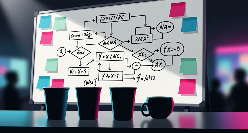 Tableau blanc couvert de diagrammes de flux utilisateur et d'équations, entouré de post-it de couleurs, trois tasses de café vides en premier plan, atmosphère de brainstorming intense