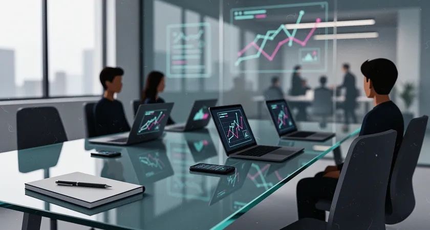 Graphiques d'analytics web projetés sur un écran de télévision lors d'une réunion d'équipe, autour d'une table en verre avec des ordinateurs portables ouverts, ambiance de travail collaborative moderne