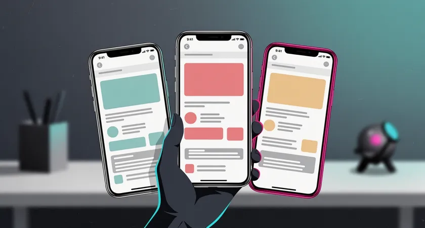 Gros plan sur une main tenant trois smartphones alignés de marques et modèles différents affichant la même page web, avec des rendus visuels légèrement différents sur chaque écran, éclairage neutre de studio