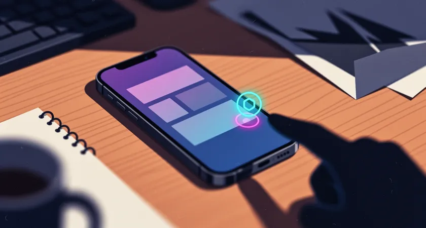Vue en surplomb d'un smartphone sur une table en bois, un doigt tente de toucher un petit bouton "Soumettre" à côté d'un champ de formulaire, ambiance de travail