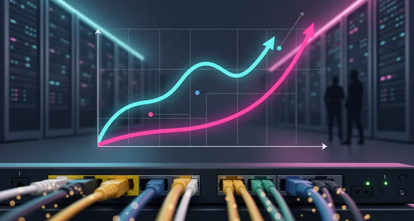 Graphique de vitesse de chargement WebPageTest comparant deux courbes, l'une haute et lente (4G bas débit), l'autre basse et rapide (fibre), sur fond de data center