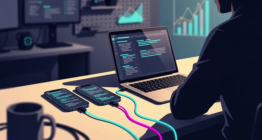 Plan moyen d'un développeur travaillant sur un ordinateur portable, avec deux smartphones connectés en débogage USB affichant des outils de développement navigateur, ambiance de bureau technique