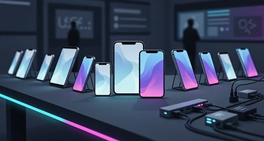 Photographie stylisée d'un bureau de test avec une douzaine de smartphones et tablettes de différentes générations posés sur des supports, lumière tamisée