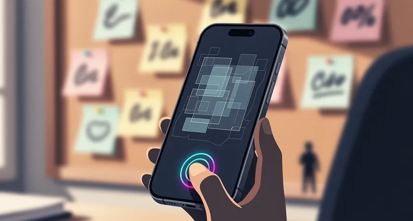 Gros plan sur un smartphone tenu dans une main, écran affichant le wireframe épuré d'une page d'accueil, doigt pointant sur un bouton d'action principal. Lumière d'atelier nette, fond flou de post-it et de notes manuscrites sur un tableau en liège, ambiance de travail concentré