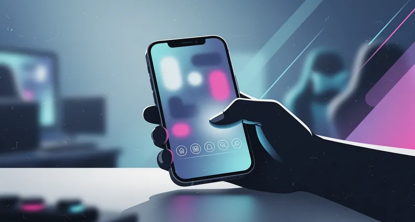 Vue rapprochée d'une main tenant un smartphone, le pouce effleurant une barre de navigation inférieure avec cinq icônes claires. Fond lumineux et doux, reflet subtil sur l'écran, ambiance de simplicité et d'efficacité