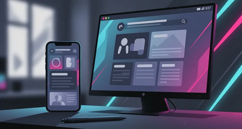 Deux écrans côte à côte, un smartphone et un écran de bureau, affichant la même page web avec des dispositions adaptées. Lumière égale, pas de reflet gênant, disposition claire montrant la continuité entre les deux expériences