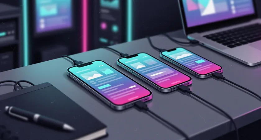 Plan de travail d'un développeur avec trois smartphones de modèles et tailles différentes, tous branchés pour le débogage, écrans affichant la même page avec des rendus légèrement différents. Ambiance de labo technique, éclairage focalisé sur les écrans