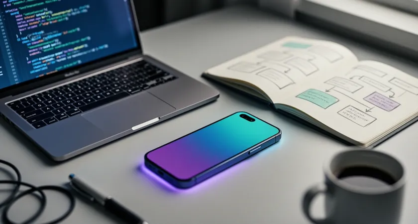 Vue aérienne d'un plan de travail organisé, avec un ordinateur portable ouvert sur du code, un carnet de notes esquissant une hiérarchie de contenu, et un smartphone au centre, symbolisant la priorité. Lumière naturelle abondante, ambiance de clarté et de focalisation