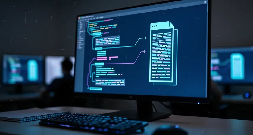 Gros plan sur un écran de code montrant une structure de dossier complexe à gauche et un fichier unique surchargé à droite, éclairé par la lumière bleutée d'un écran dans un bureau sombre, ambiance de travail intense et concentré