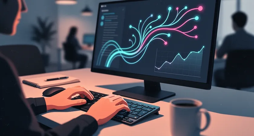 Plan serré sur deux paires de mains collaborant sur le même clavier, avec un écran affichant une interface de gestion de branches Git (comme GitKraken ou Sourcetree), ambiance chaleureuse de coworking, lumière douce