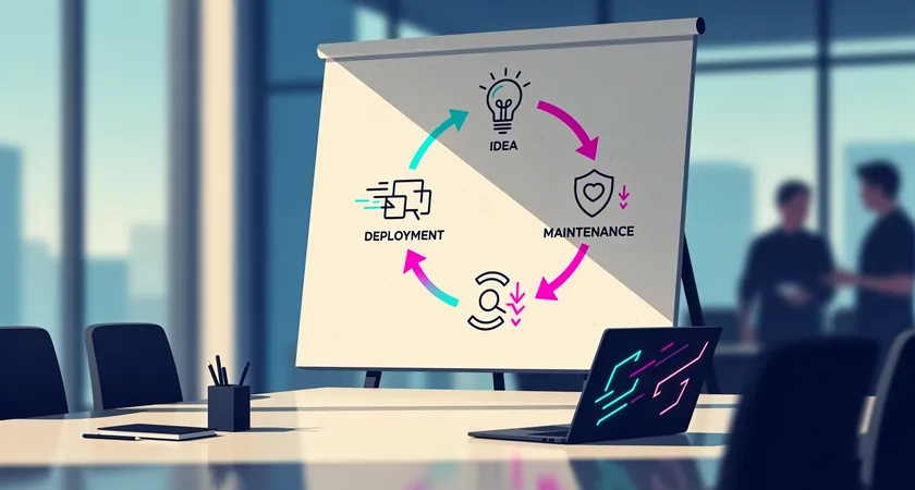 Schéma dessiné à la main sur un paperboard, illustrant le cycle de vie d'un projet web de l'idée au déploiement et à la maintenance, avec des flèches et annotations colorées, dans une salle de réunion lumineuse