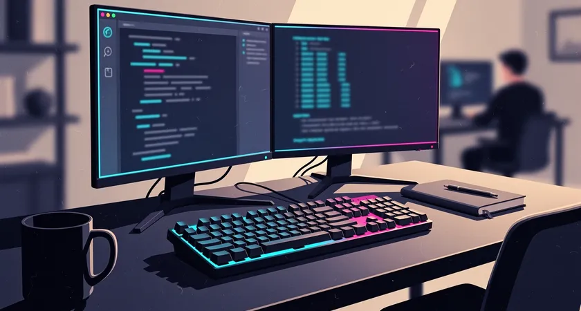 Photo d'ensemble d'un bureau de développeur avec deux écrans : l'un montre un design Figma, l'autre un terminal et un éditeur de code, clavier mécanique, carnet de notes, ambiance de travail organisé et productif