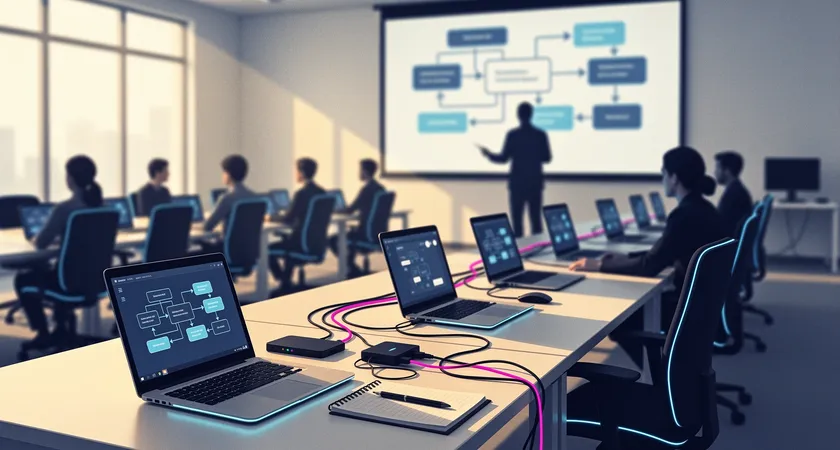 Plan large d'une salle de formation lumineuse, dix personnes assises face a des ordinateurs portables, un formateur debout devant un ecran projetant un diagramme de flux sequentiel, ambiance concentree et studieuse