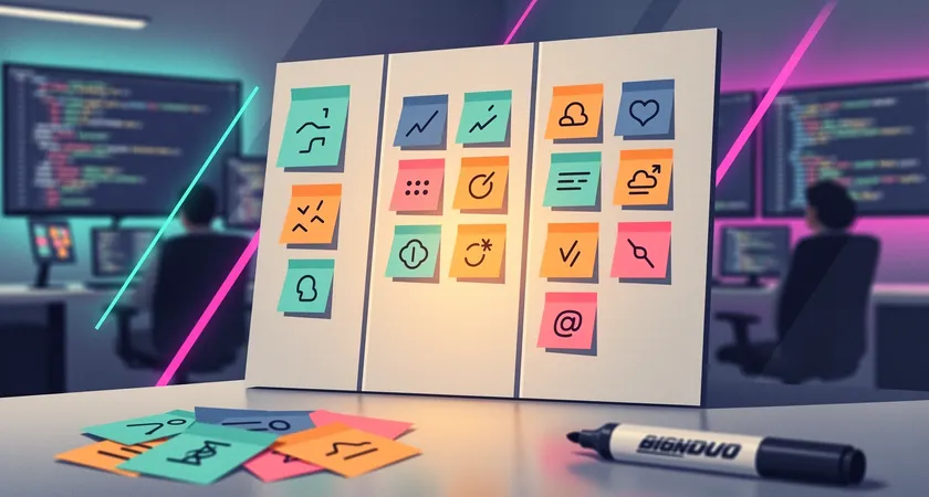 Gros plan sur un tableau Kanban physique dans un bureau, colonnes 'A apprendre', 'En cours', 'Acquis', avec des post-it colorés détaillant des concepts techniques, fond flou avec moniteurs de code en arrière-plan