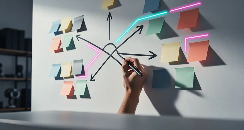 Photo en contre-plongee d'une main tenant un stylo qui trace des fleches entre des post-it sur un mur blanc, reliant des 'Objectifs projet' a des 'Competences techniques' et des 'Modules de formation', ambiance epuree et strategique