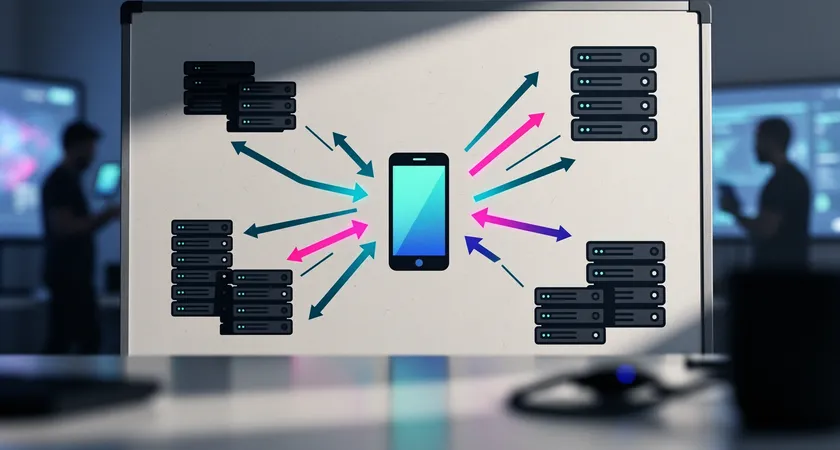 Vue rapprochee d'un diagramme architectural dessine au marqueur sur un tableau blanc, montrant des fleches multiples partant d'un smartphone vers plusieurs serveurs distincts, ambiance de brainstorming technique