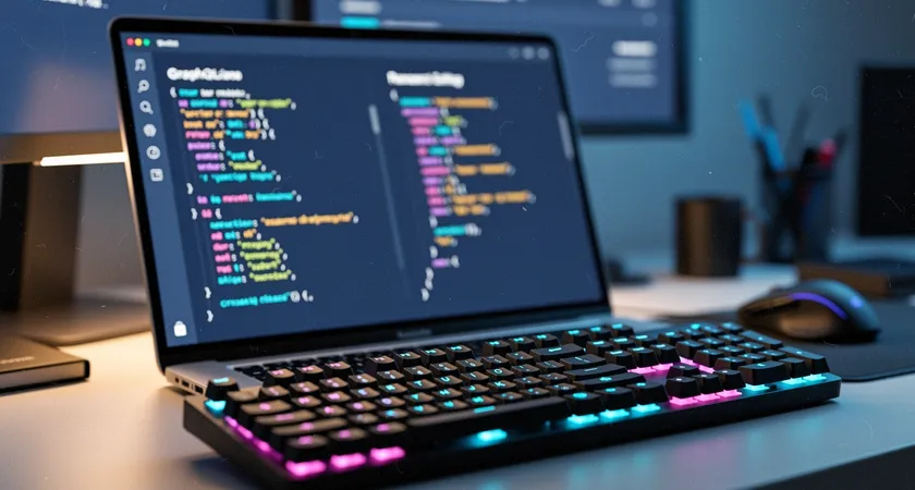 Gros plan sur l'ecran d'un ordinateur portable affichant l'interface GraphiQL, avec une requete coloree a gauche et la reponse JSON structuree a droite, clavier mecanique en avant-plan, ambiance de developpement