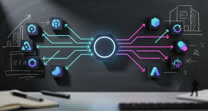 Schema d'architecture en flèches sur fond de tableau noir, montrant un seul endpoint GraphQL recevant une grosse requete et interrogeant plusieurs microservices backend en parallele