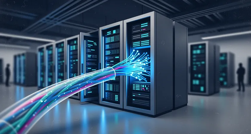 Vue en coupe d'un centre de donnees moderne, avec des serveurs racks eclaires en bleu, un cable reseau fibre optique lumineux au premier plan, symbolisant la surveillance et l'infrastructure