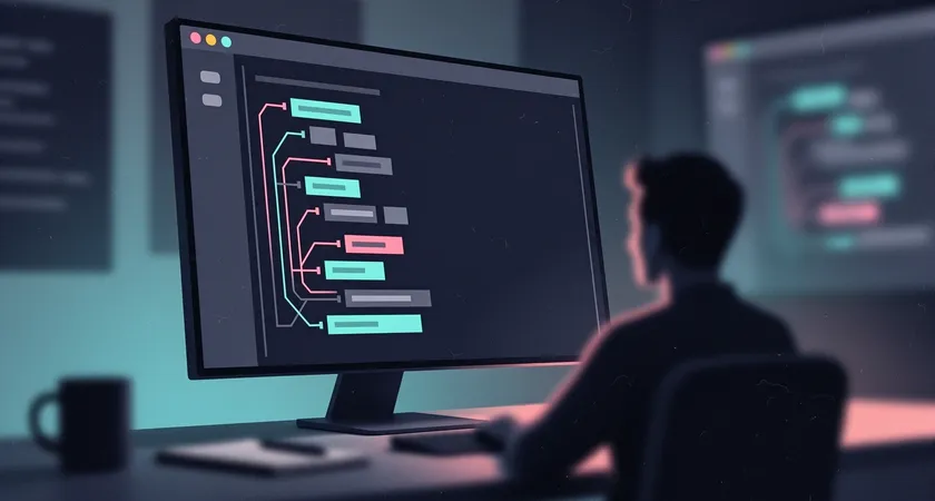 Capture d'écran stylisée d'un explorateur de code dans un IDE sombre, montrant une arborescence claire avec des dossiers comme "features/auth", "features/dashboard", "core", "shared", ambiance de travail concentré