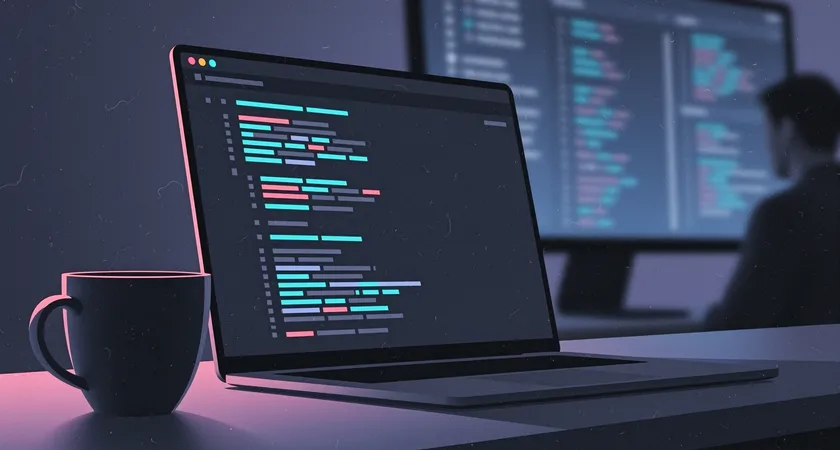 Gros plan sur un terminal affichant des commandes Docker en cours d'exécution, à côté d'une tasse de café, flou artistique en arrière-plan sur un écran avec du code, lumière douce de bureau