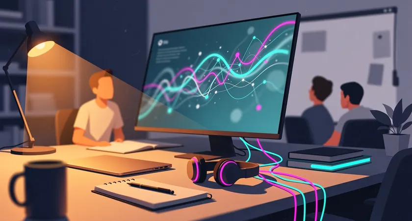 Vue d'ensemble d'une équipe de trois personnes collaborant autour d'un écran affichant un diagramme de séquence, lumière chaude de lampes de bureau, ambiance de fin d'après-midi productif et concentré