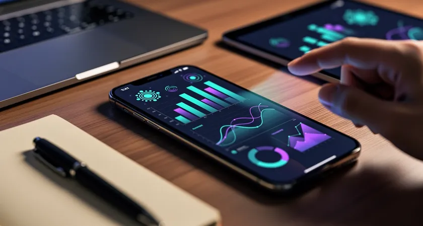 Gros plan sur un smartphone affichant une interface d'application très fluide, doigt de l'utilisateur en train de glisser sur une liste animée, reflet léger sur l'écran, arrière-plan flou avec d'autres appareils posés sur un bureau en bois