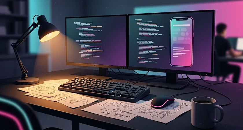 Vue d'ensemble d'un poste de travail de développeur, deux grands écrans affichant du code et un émulateur mobile, clavier mécanique, notes manuscrites sur le bureau, lumière chaude d'une lampe de bureau