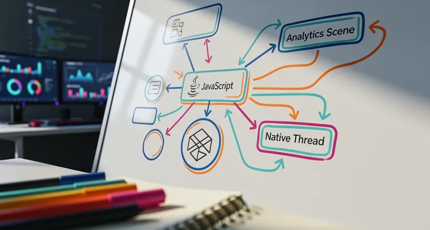 Gros plan sur un diagramme architectural dessiné sur un tableau blanc, flèches reliant les mots JavaScript, Bridge, Thread Natif et UI, marqueurs de couleur, lumière naturelle tombant de côté