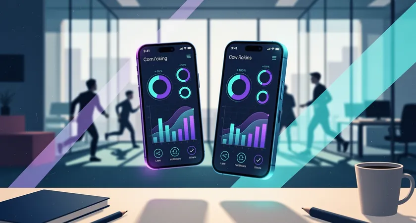 Vue en contre-plongée d'une personne tenant deux smartphones côte à côte, affichant la même interface d'application, silhouettes floues en mouvement dans un espace de coworking lumineux