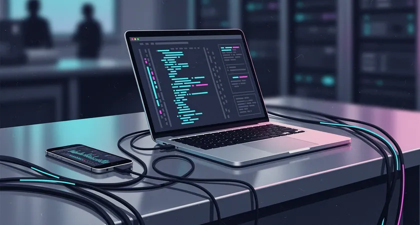 Plan rapproché d'un ordinateur portable ouvert sur une fenêtre de terminal et du code, un smartphone connecté en USB, câbles enroulés sur un bureau en métal, ambiance de laboratoire technique