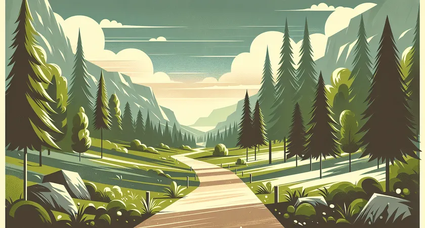 A serene mountain path bordered by green trees