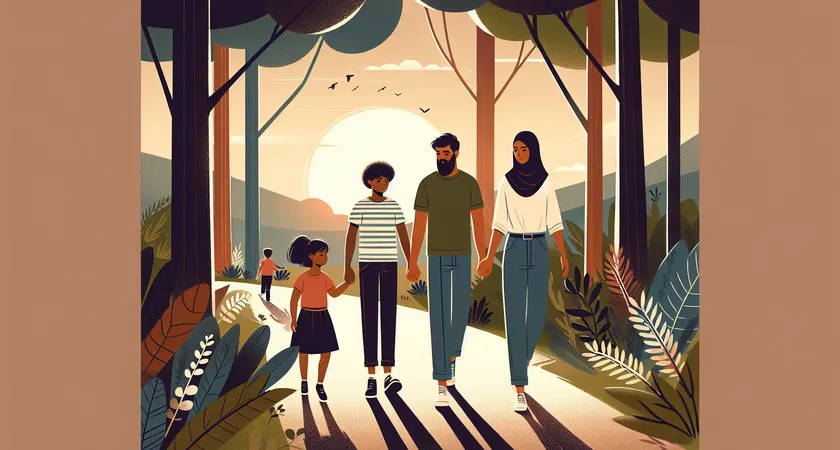 A family with children walking on a forest trail
